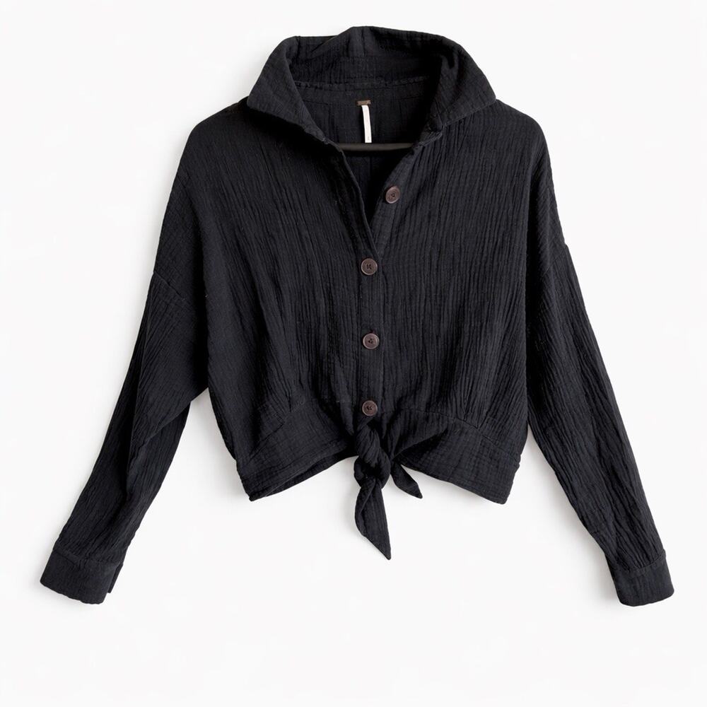 Free People Boho Double Gauze Cotton Collared Button Front Tie Waist Top M
